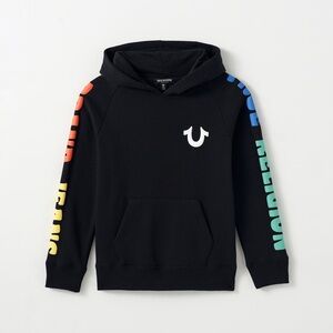 True Religion Kids Hoodie Sz XL Black Spell Out Kangaroo Pocket Logo Rainbow Y2K